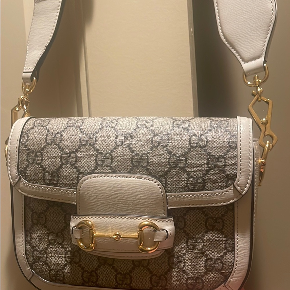Gucci Crossbody Bag in Gray and White with Gold Accents